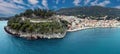 Parga, Epirus Greece. Drone aerial view of traditional Ionian coast city, Venetian Castle Royalty Free Stock Photo