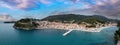 Parga, Greece. Aerial drone view of traditional waterfront city, Venetian Castle Royalty Free Stock Photo