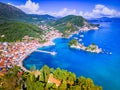Parga, Greece. Aeriual drone view of beautiful colorful coastal town in Epirus, Greek holidays Royalty Free Stock Photo