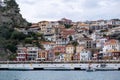 Parga, Greece. Traditional Ionian coast city colorful facade buildings and the Venetian Castle Royalty Free Stock Photo