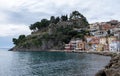 Parga, Greece. Traditional Ionian coast city colorful facade buildings and the Venetian Castle Royalty Free Stock Photo