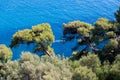 Parga sea island blue among green pine trees greece Royalty Free Stock Photo