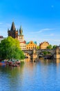 Pargue, view of the Lesser Bridge Tower and Charles Bridge (Karluv Most), Czech Republic. Royalty Free Stock Photo