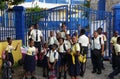 Parham Town, British Virgin Islands - February 22, 2024 - The students of Willard Wheatley Primary School waiting for their school Royalty Free Stock Photo