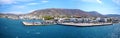 Parikia, Paros, Greece, September 12 2018 Panoramic view of the port and the promenade of the city