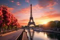 Paris aerial panorama with river Seine and Eiffel tower France, buildings and landmarks with sunset sky background Royalty Free Stock Photo