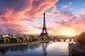 Paris aerial panorama with river Seine and Eiffel tower France, buildings and landmarks with sunset sky background Royalty Free Stock Photo