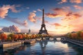 Paris aerial panorama with river Seine and Eiffel tower France, buildings and landmarks with sunset sky background Royalty Free Stock Photo