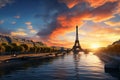 Paris aerial panorama with river Seine and Eiffel tower France, buildings and landmarks with sunset sky background Royalty Free Stock Photo