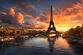 Paris aerial panorama with river Seine and Eiffel tower France, buildings and landmarks with sunset sky background Royalty Free Stock Photo