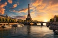 Paris aerial panorama with river Seine and Eiffel tower France, buildings and landmarks with sunset sky background Royalty Free Stock Photo