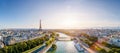 Paris aerial panorama with river Seine and Eiffel tower, France. Romantic summer holidays vacation destination. Panoramic view