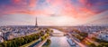 Paris aerial panorama with river Seine and Eiffel tower, France. Romantic summer holidays vacation destination. Panoramic view