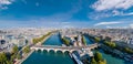 Paris aerial panorama with river Seine, Pont Neuf bridge, ile de la cite and Notre-Dame church, France. Holidays vacation