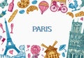 Paris background in vintage retro style. France poster or banner, eiffel tower and buildings. Retro doodle elements