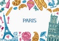 Paris background in vintage retro style. France poster or banner, eiffel tower and buildings. Retro doodle elements