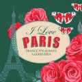 Paris Banner With Eiffel Tower, Roses, Butterflies