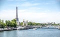 Paris, boats and barges with view on the Eiffel Tower and the Bridge Alexandre III, between the quai d`orsay and the Grand Palais Royalty Free Stock Photo