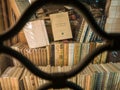 Paris bookshop at night through security gate