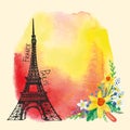 Paris card.Eiffel tower,Watercolor stain,Narcissus