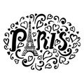 Paris card with letters, hearts, eiffel tower hand drawn illustration isolated on white background. Doodle sketch black