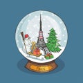 Paris Christmas Snow globe.Doodle noel