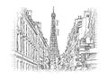 Paris city with Eiffel Tower seen from street side. Hand drawn vector sketch Royalty Free Stock Photo