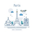 Paris city of France. Line Art of famous buildings. Modern cityscape landmarks banner showplace composition. Holiday travel and Royalty Free Stock Photo