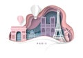 Paris city, France, vector paper cut illustration. Eiffel Tower, Notre Dame Cathedral, world famous landmarks. Travel.