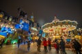 Paris city hall. View of the colorful city Hall building, the Christmas market square and Olympic sign