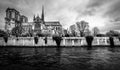 Paris cityscape in black and white. Notre Dame gothic cathedral