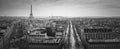 Paris cityscape black and white panorama with view to the Eiffel Tower, France. Beautiful parisian architecture with historic