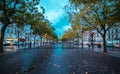 Paris cityscape at dusk in winter evening. Dramatic blue sky