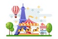 Paris cityscape with Eiffel tower, amusement park carousel and street food trolley. Vector flat illustration
