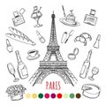 Paris coloring page with color swatches