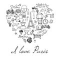 Paris doodles elements. Hand drawn set withefel tower bred cafe flowers and bicycle. Drawing doodle collection, in heart shape, is