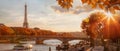 Paris with Eiffel Tower against autumn leaves in France