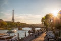 Paris with Eiffel Tower against colorful sunset in France