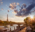 Paris with Eiffel Tower against colorful sunset in France