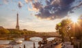 Paris with Eiffel Tower against colorful sunset in France