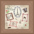 Paris eiffel tower. Paris symbol hand drawn picture in frame with design elements set. Love paris vintage frame.