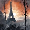 paris eiffel tower poster cityscape detailed retro futurism landscape wall art Royalty Free Stock Photo
