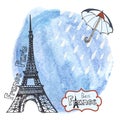 Paris Eiffel tower.Watercolor splash,umbrella,rain Royalty Free Stock Photo