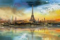 Paris Eiffle Tower Abstract colorful acrylic painting in Dali Styl Generative AI Royalty Free Stock Photo