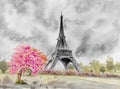 Paris European city. France, eiffel tower watercolor painting. Royalty Free Stock Photo