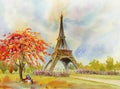 Paris European city. France, eiffel tower watercolor painting. Royalty Free Stock Photo