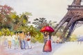 Paris european city landscape. France, eiffel tower and couple lovers Royalty Free Stock Photo