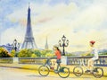 France, eiffel tower and couple young boys, woman Royalty Free Stock Photo