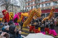 Chinese New Year, parade of dragon dance celebration the Dragon year in the thirteen district of Paris under a rain