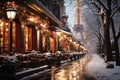 Paris, with festive lights and Christmas decorations, a light snowfall, and holiday-themed street decor, winter street